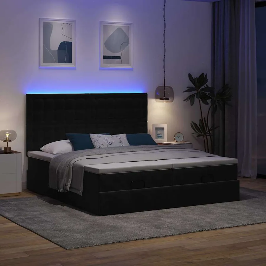 Cadre de lit ottoman avec matelas noir 200x200cm velours - 3