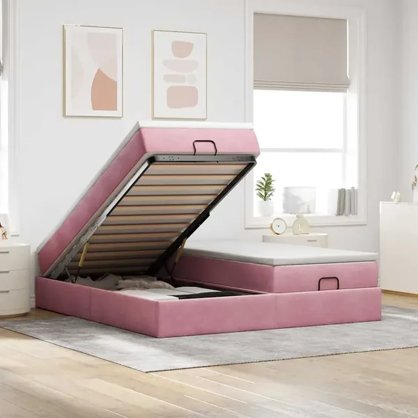 Cadre de lit ottoman avec matelas rose 200x200 cm velours