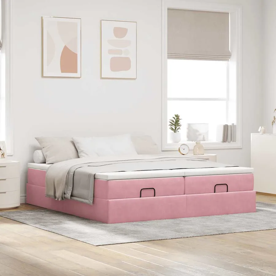 Cadre de lit ottoman avec matelas rose 200x200 cm velours - 3