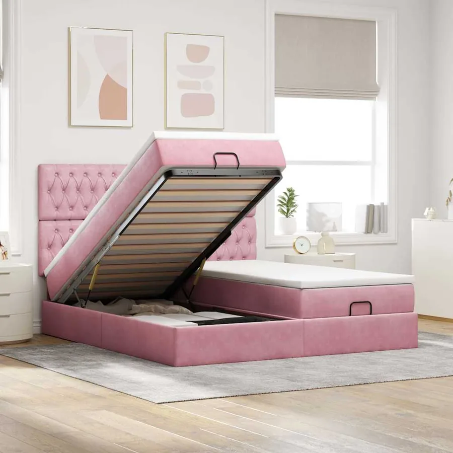 Cadre de lit ottoman avec matelas rose 200x200 cm velours