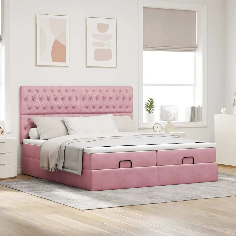 Cadre de lit ottoman avec matelas rose 200x200 cm velours - 3