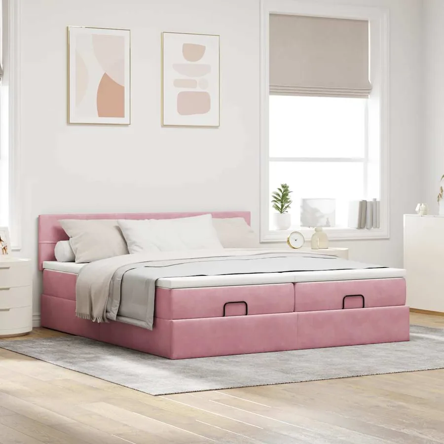 Cadre de lit ottoman avec matelas rose 200x200 cm velours - 3