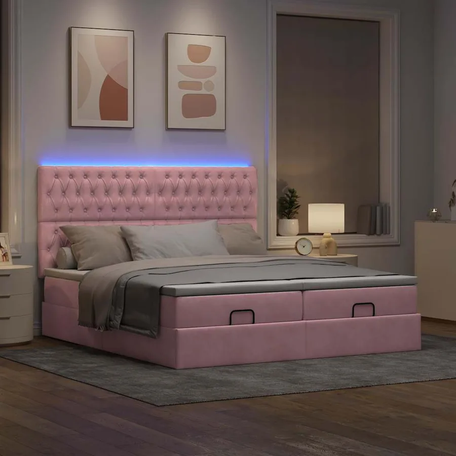 Cadre de lit ottoman avec matelas rose 200x200 cm velours - 3
