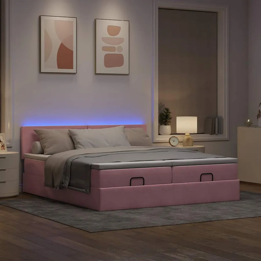 Cadre de lit ottoman avec matelas rose 200x200 cm velours - 3