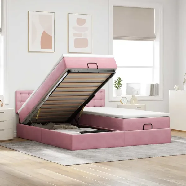 Cadre de lit ottoman avec matelas rose 200x200 cm velours