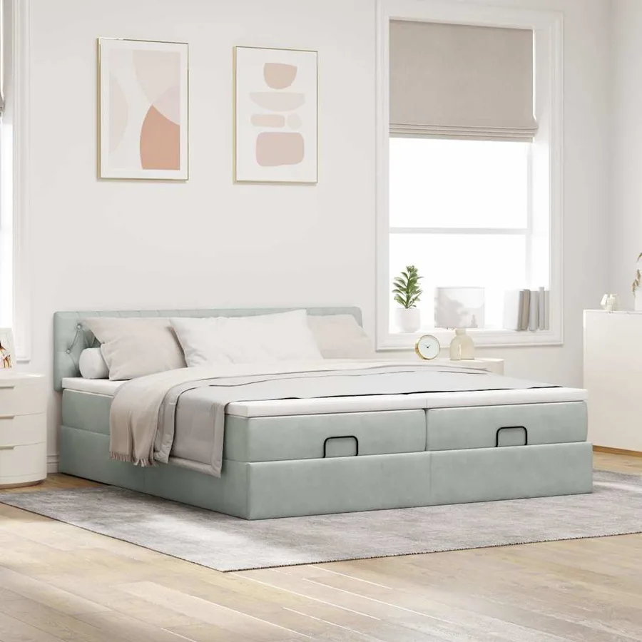 Cadre de lit ottoman avec matelas gris clair 200x200 cm velours - 3