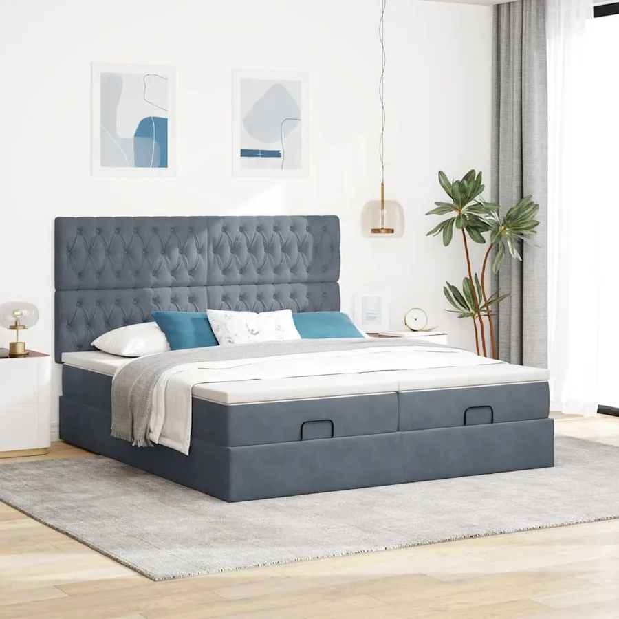 Cadre de lit ottoman avec matelas gris foncé 200x200 cm velours - 4