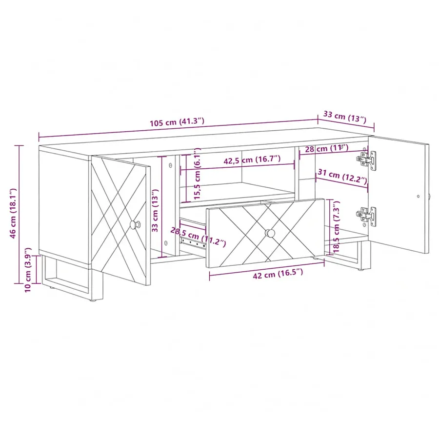 Meuble TV noir 105x33x46 cm bois massif de manguier - 12