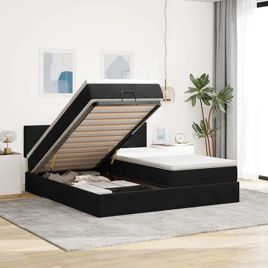 Cadre de lit ottoman avec matelas noir 180x200cm velours