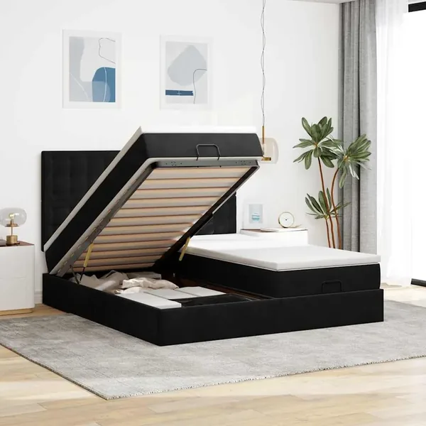 Cadre de lit ottoman avec matelas noir 180x200cm velours