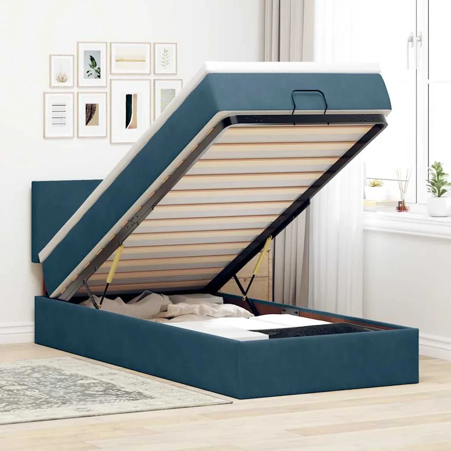 Cadre de lit ottoman avec matelas bleu foncé 90x200 cm velours