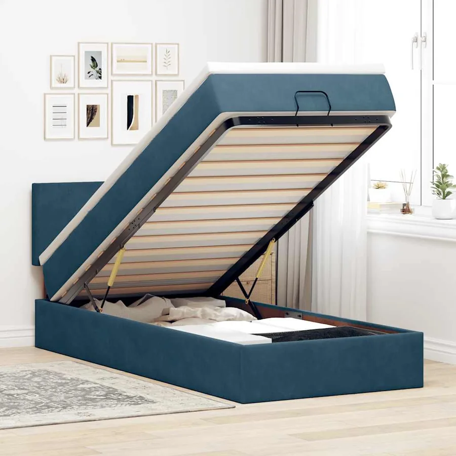 Cadre de lit ottoman avec matelas bleu foncé 90x200 cm velours