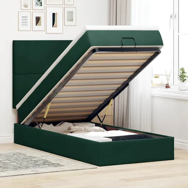Cadre de lit ottoman avec matelas vert foncé 100x200 cm velours