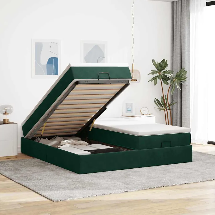 Cadre de lit ottoman avec matelas vert foncé 200x200 cm velours