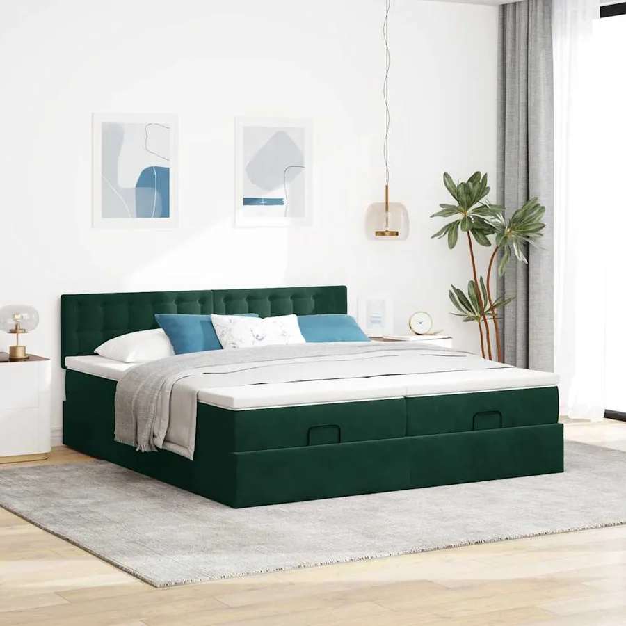 Cadre de lit ottoman avec matelas vert foncé 200x200 cm velours - 4