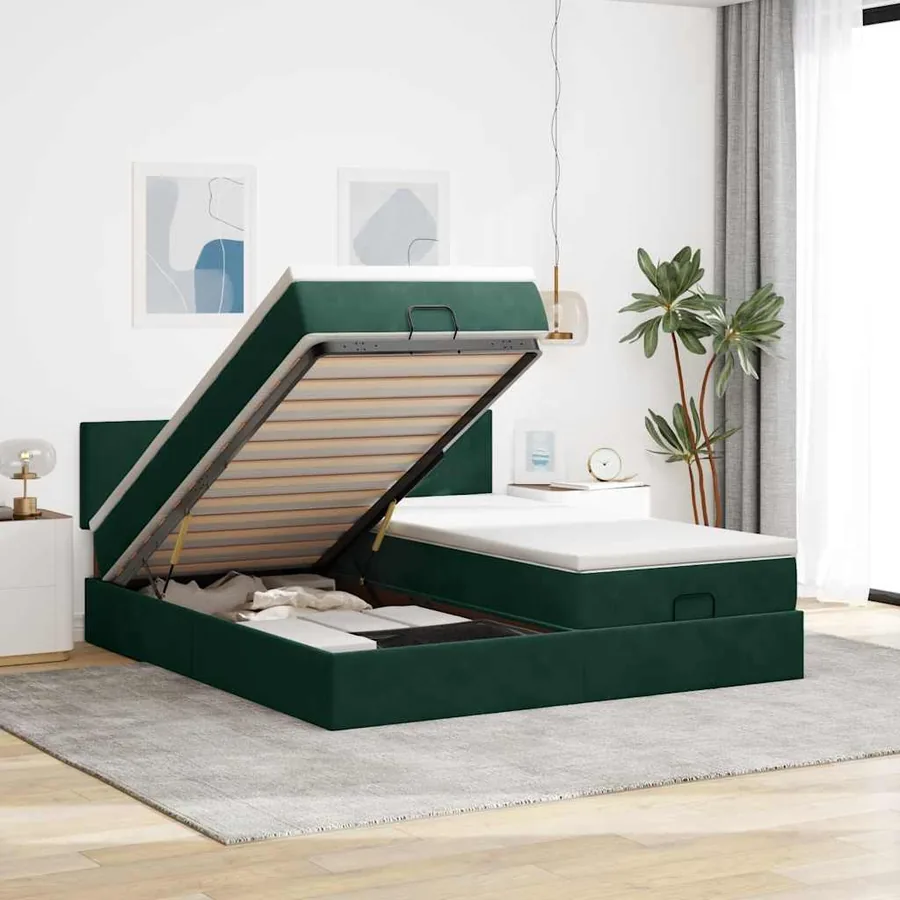 Cadre de lit ottoman avec matelas vert foncé 200x200 cm velours