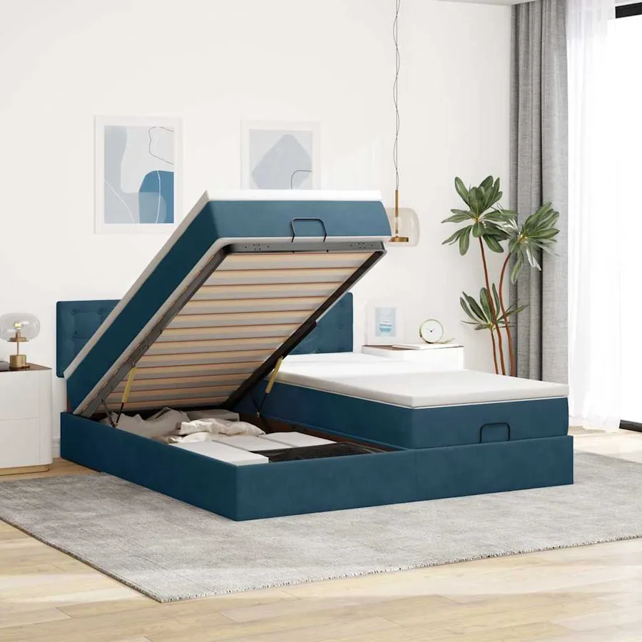 Cadre de lit ottoman avec matelas bleu foncé 180x200 cm velours
