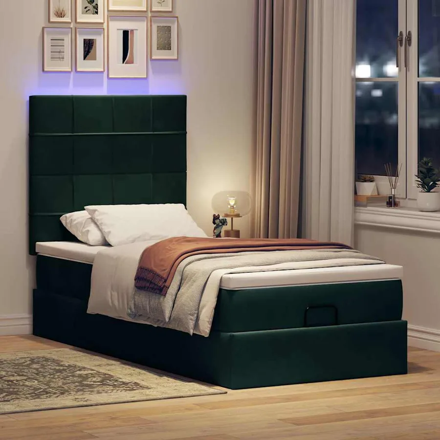 Cadre de lit ottoman avec matelas vert foncé 100x200 cm velours - 3
