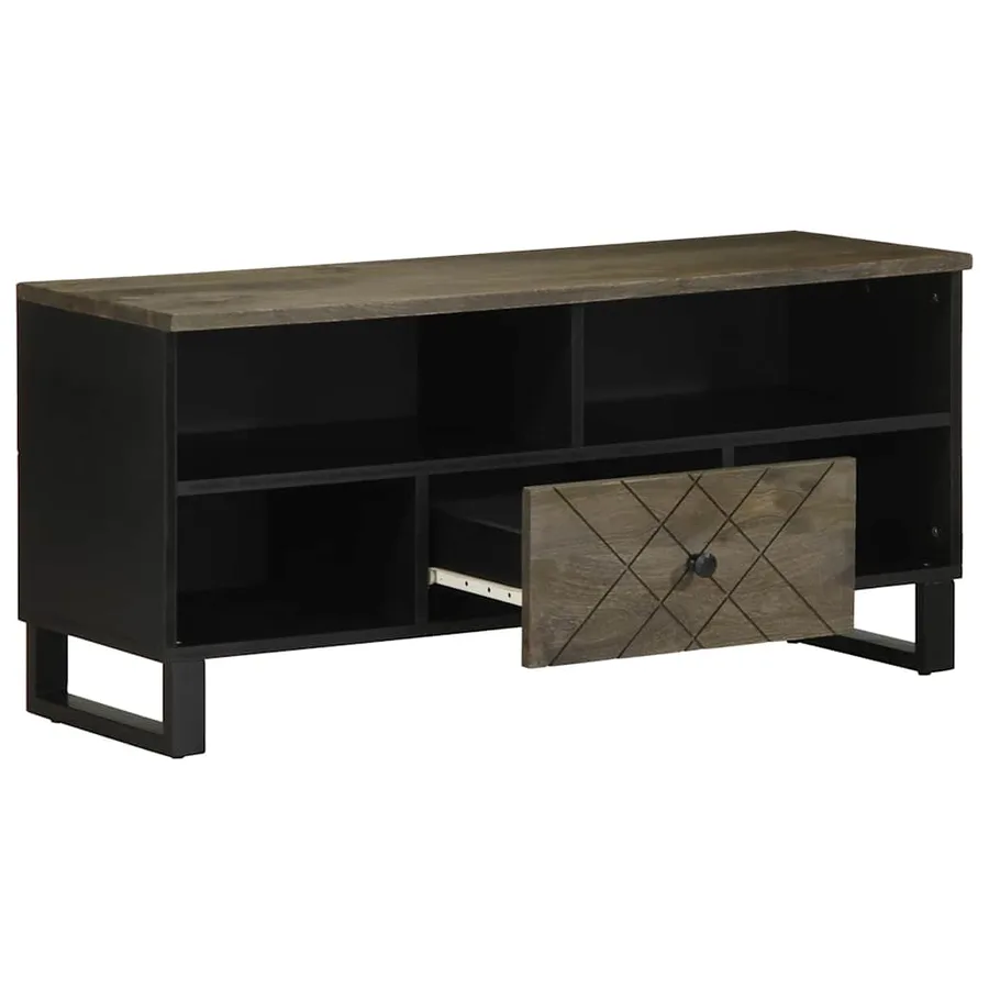 Meuble TV noir 100x33x46 cm bois massif de manguier - 2