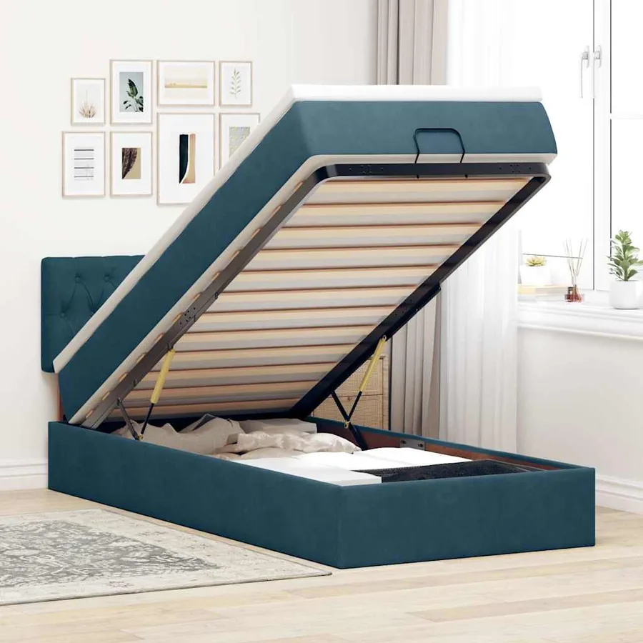Cadre de lit ottoman avec matelas bleu foncé 100x200 cm velours