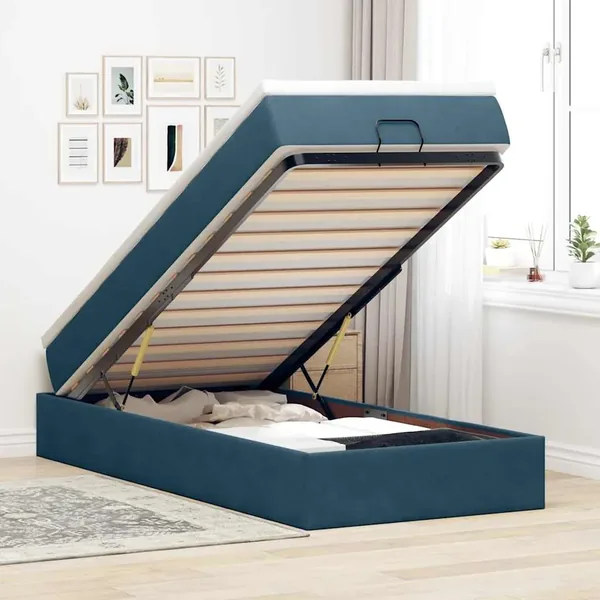 Cadre de lit ottoman avec matelas bleu foncé 100x200 cm velours