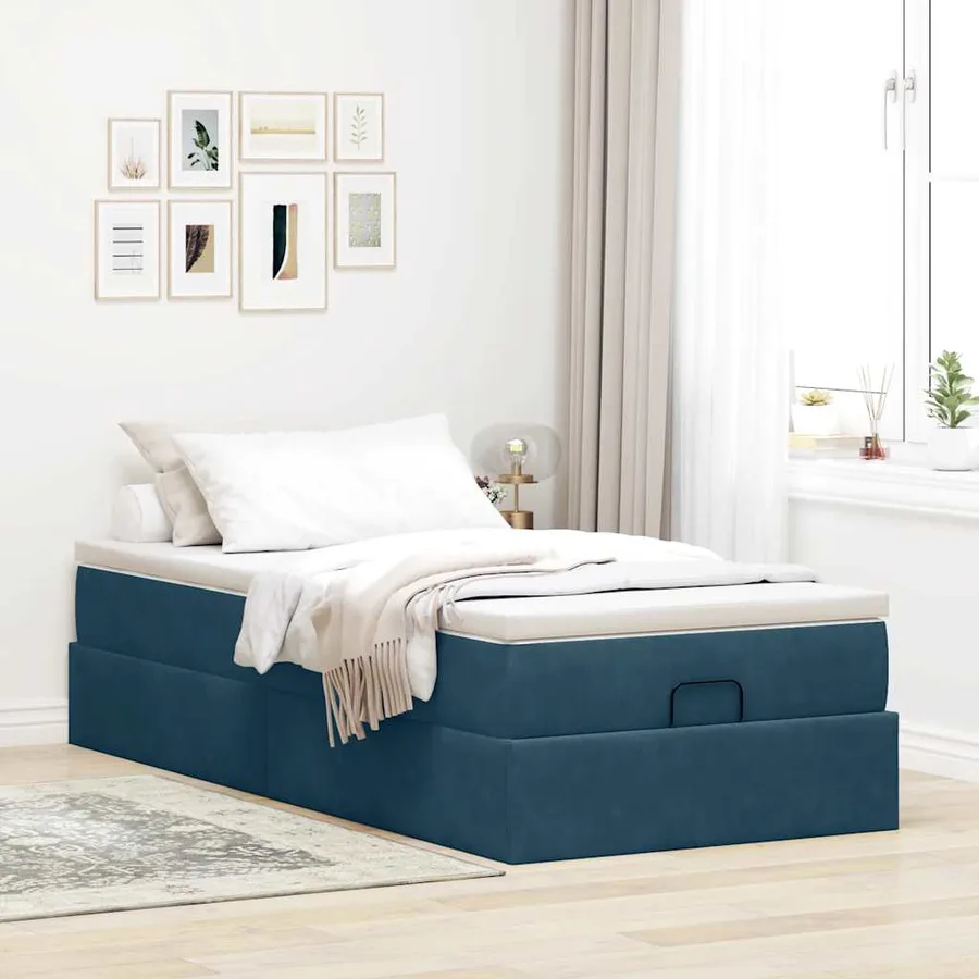 Cadre de lit ottoman avec matelas bleu foncé 100x200 cm velours - 3