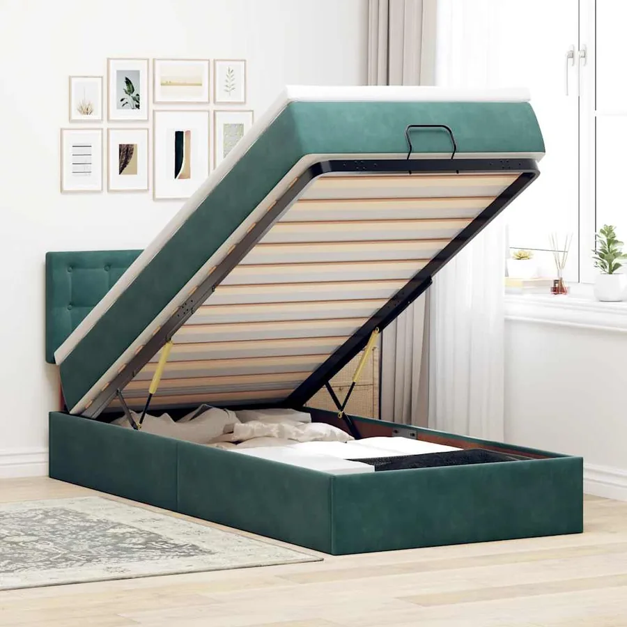 Lit ottoman avec matelas et LED Vert foncé 90x200cm velours