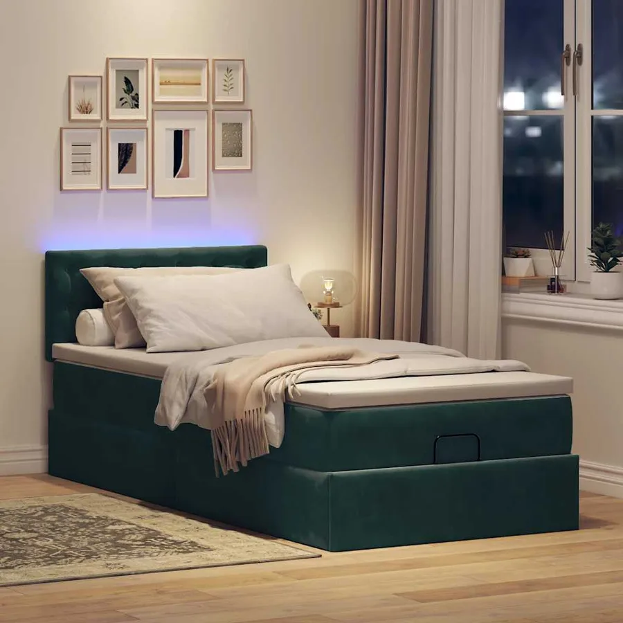 Lit ottoman avec matelas et LED Vert foncé 90x200cm velours - 3