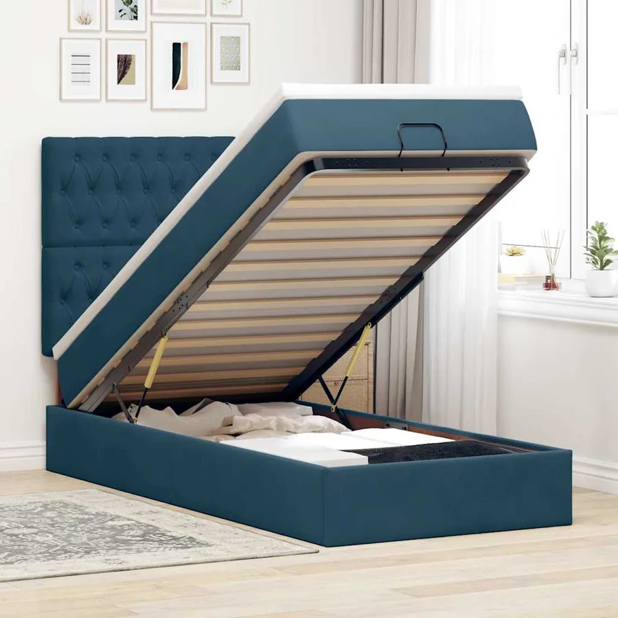 Cadre de lit ottoman avec matelas bleu foncé 100x200 cm velours