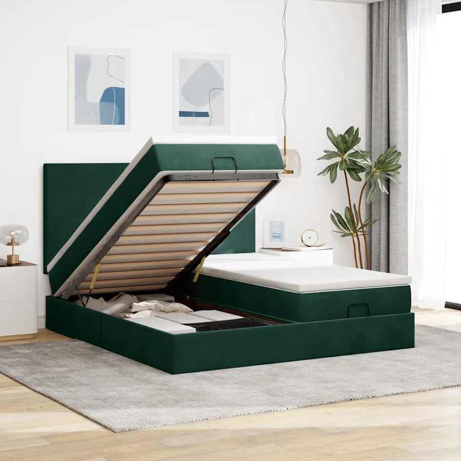 Cadre de lit ottoman avec matelas vert foncé 180x200cm velours