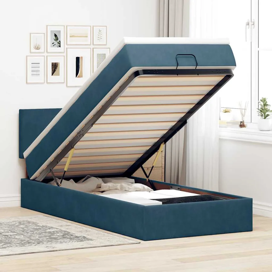 Cadre de lit ottoman avec matelas bleu foncé 100x200 cm velours