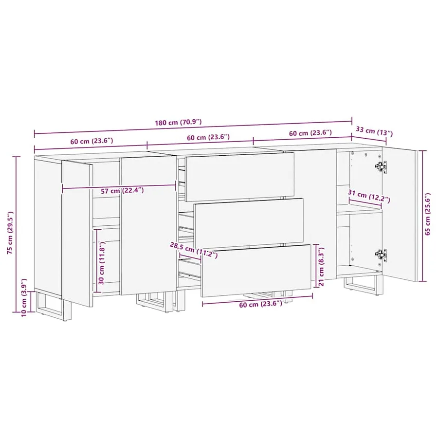 Buffets 3 pcs noir 60x33x75 cm bois massif de manguier - 13