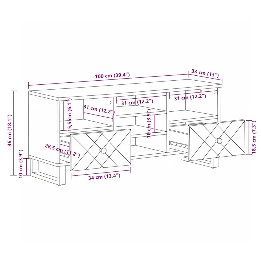 Meuble TV noir 100x33x46 cm bois massif de manguier - 11