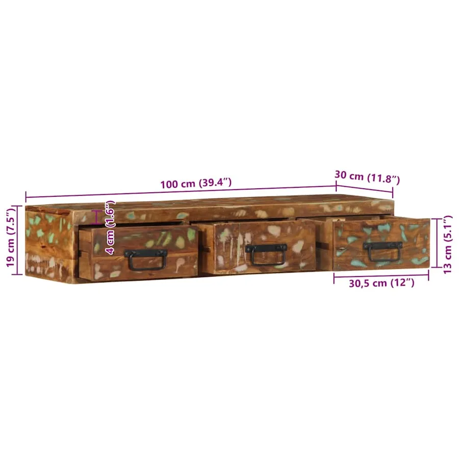 Meuble TV mural 100x30x19 cm bois massif de récupération - 12