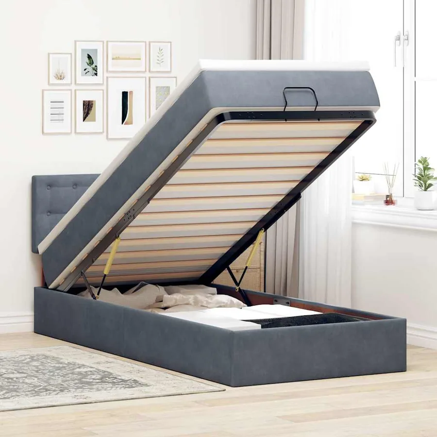 Cadre de lit ottoman avec matelas gris foncé 90x190 cm velours