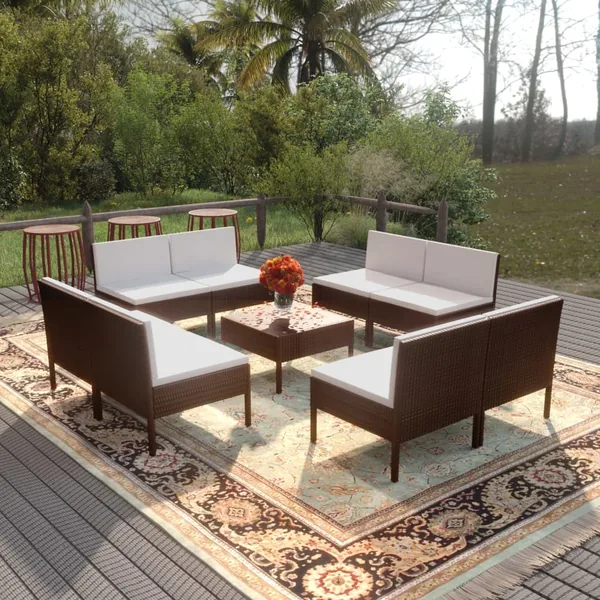 Salon de jardin 9 pcs avec coussins résine tressée marron