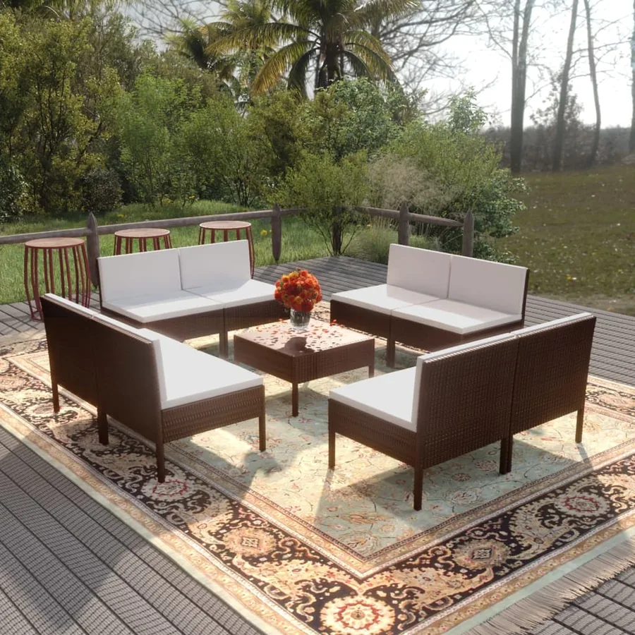 Salon de jardin 9 pcs avec coussins résine tressée marron