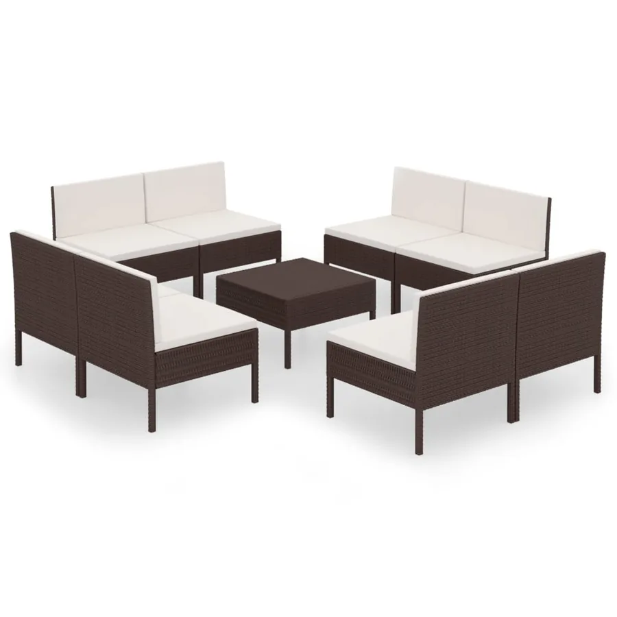 Salon de jardin 9 pcs avec coussins résine tressée marron - 2