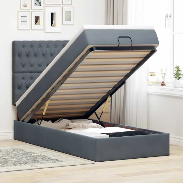 Cadre de lit ottoman avec matelas gris foncé 90x190 cm velours