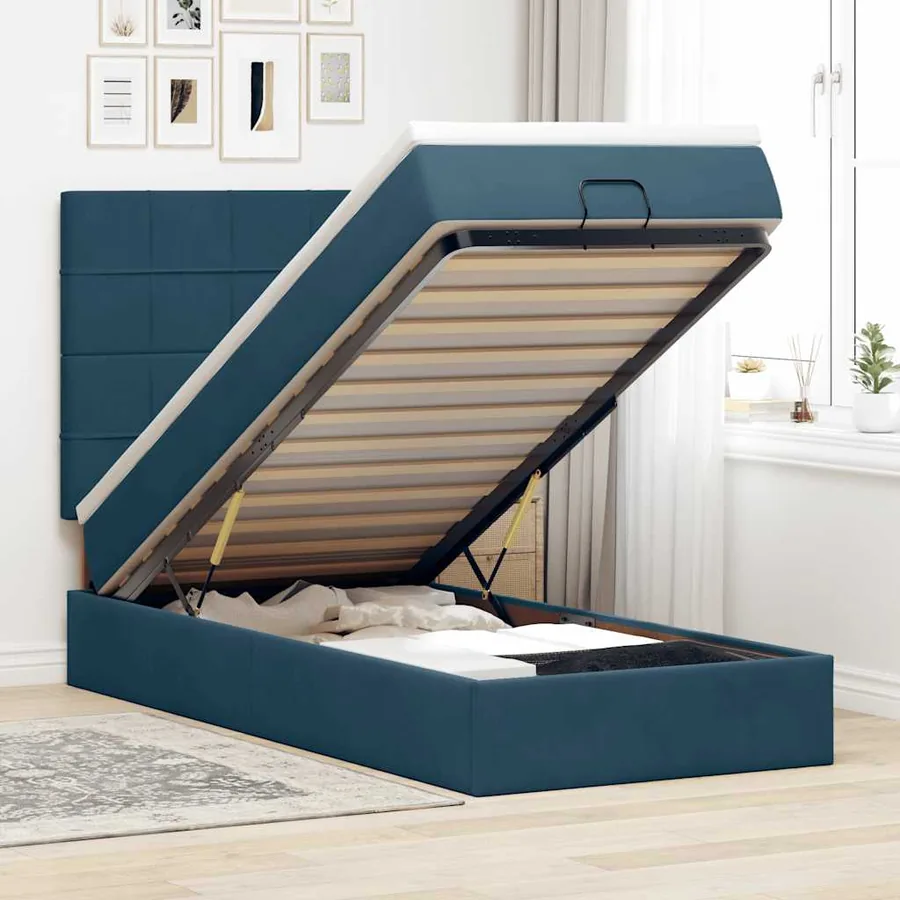 Cadre de lit ottoman avec matelas bleu foncé 90x190 cm velours