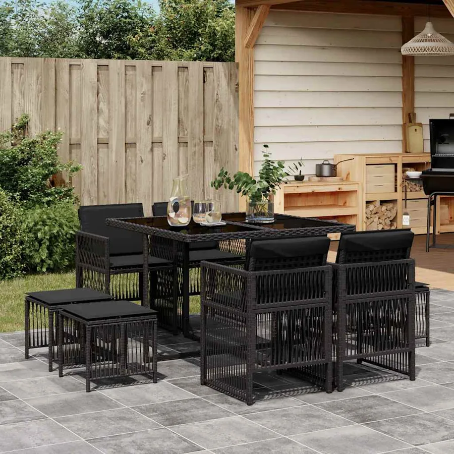 Ensemble à manger de jardin 9pcs coussins noir résine tressée