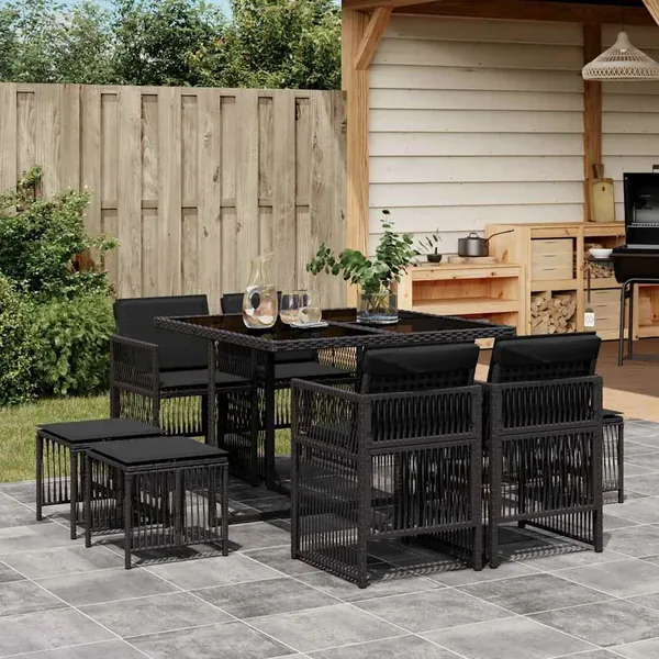 Ensemble à manger de jardin 9pcs coussins noir résine tressée
