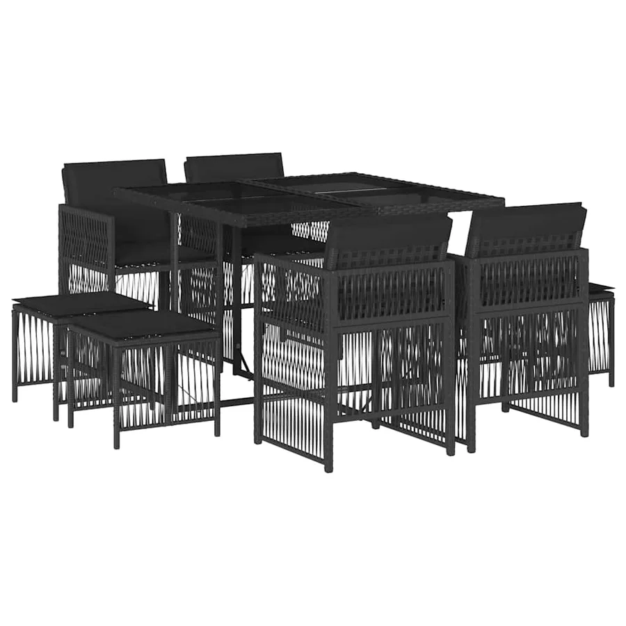 Ensemble à manger de jardin 9pcs coussins noir résine tressée - 2
