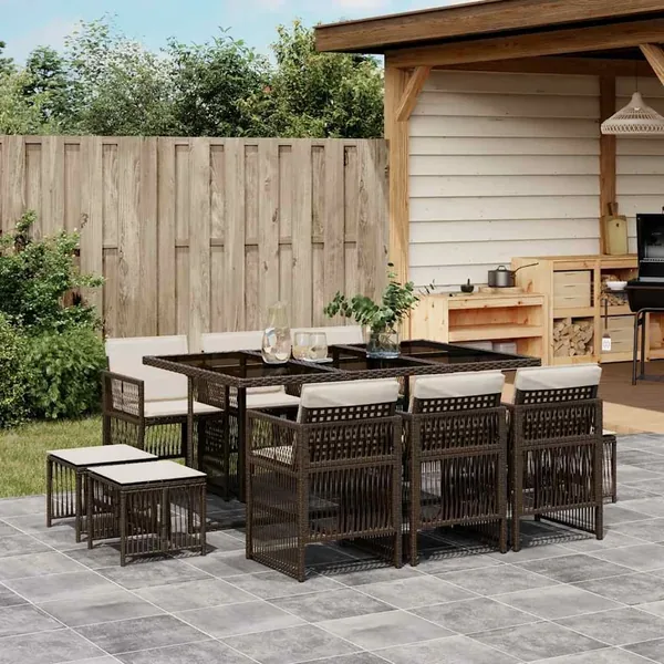 Ensemble à manger de jardin et coussins 11 pcs marron rotin