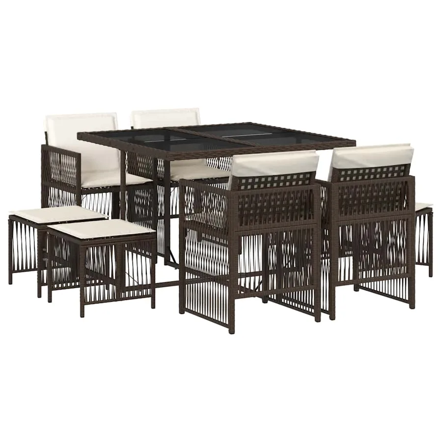 Ensemble à manger de jardin et coussins 9 pcs marron poly rotin - 2