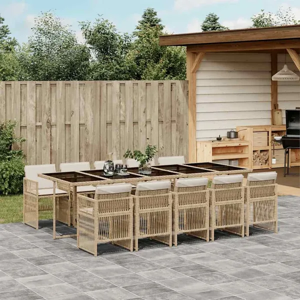 Ensemble à manger de jardin et coussins 11 pcs beige poly rotin