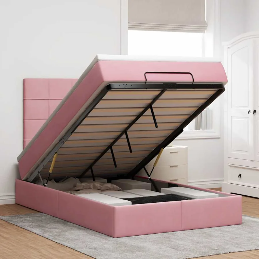 Cadre de lit ottoman avec matelas rose 120x190 cm velours