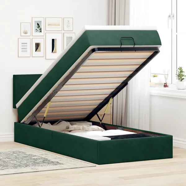 Cadre de lit ottoman avec matelas vert foncé 90x190 cm velours