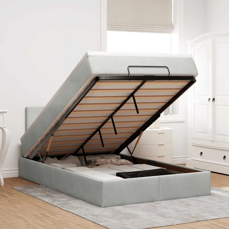 Lit ottoman avec matelas gris clair 120x190 cm velours