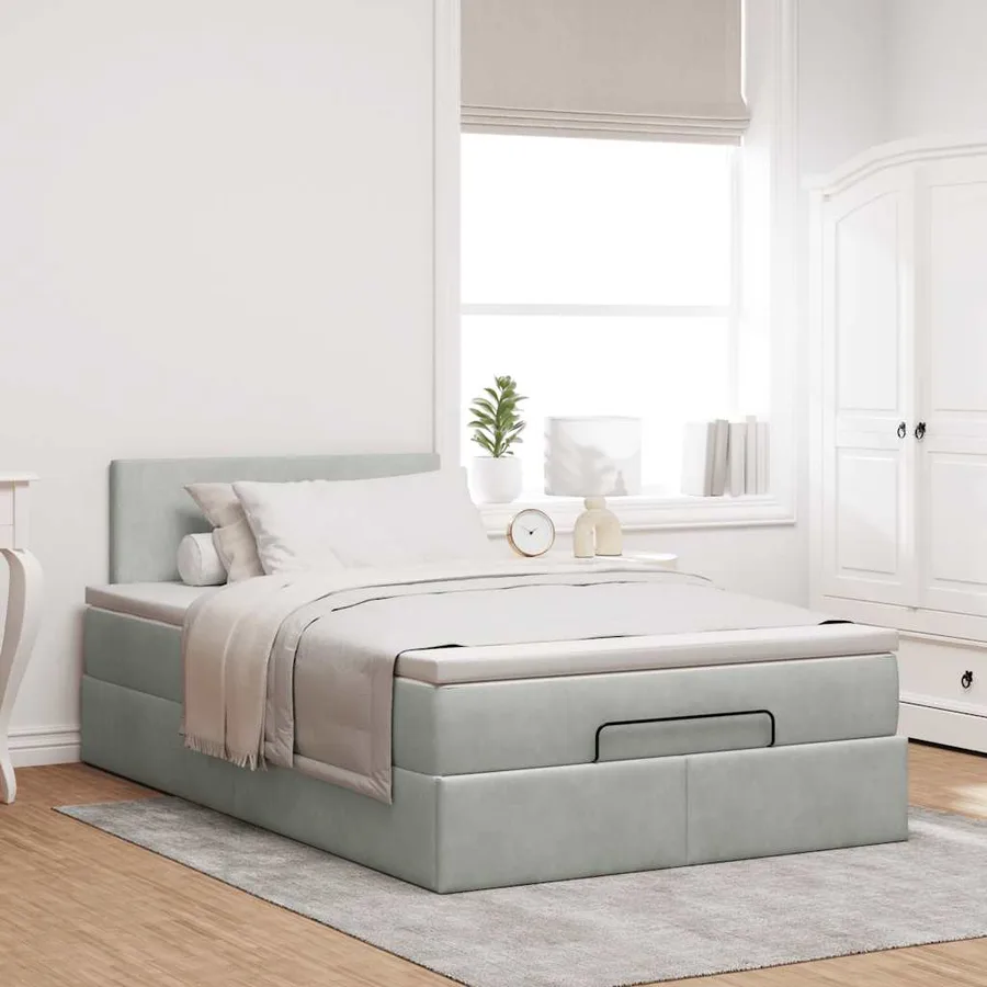 Lit ottoman avec matelas gris clair 120x190 cm velours - 3